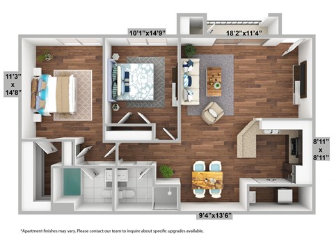 Floor plan for 2 beds, 2 baths, 1095 sqft